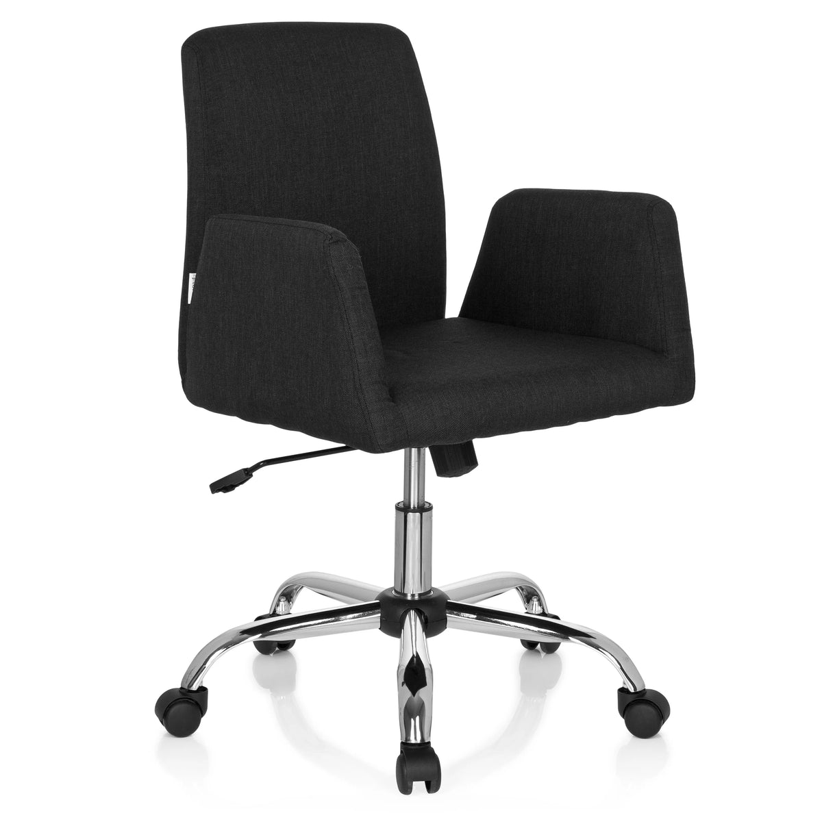 Black Home Office Chair FLOW with armrests and glossy five-caster base by hjh OFFICE – 360-degree view (front three-quarter view 40°)