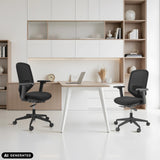 Two black Delvia professional office chairs at a desk in front of a shelving system by hjh OFFICE (AI-generated image)
