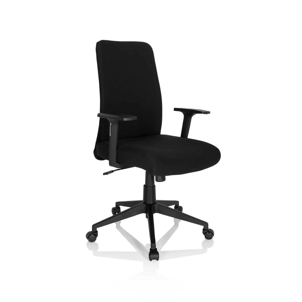 Black Home Office Chair COSIO I with armrests and five-caster base by hjh OFFICE – 360-degree view (front three-quarter view 40°)