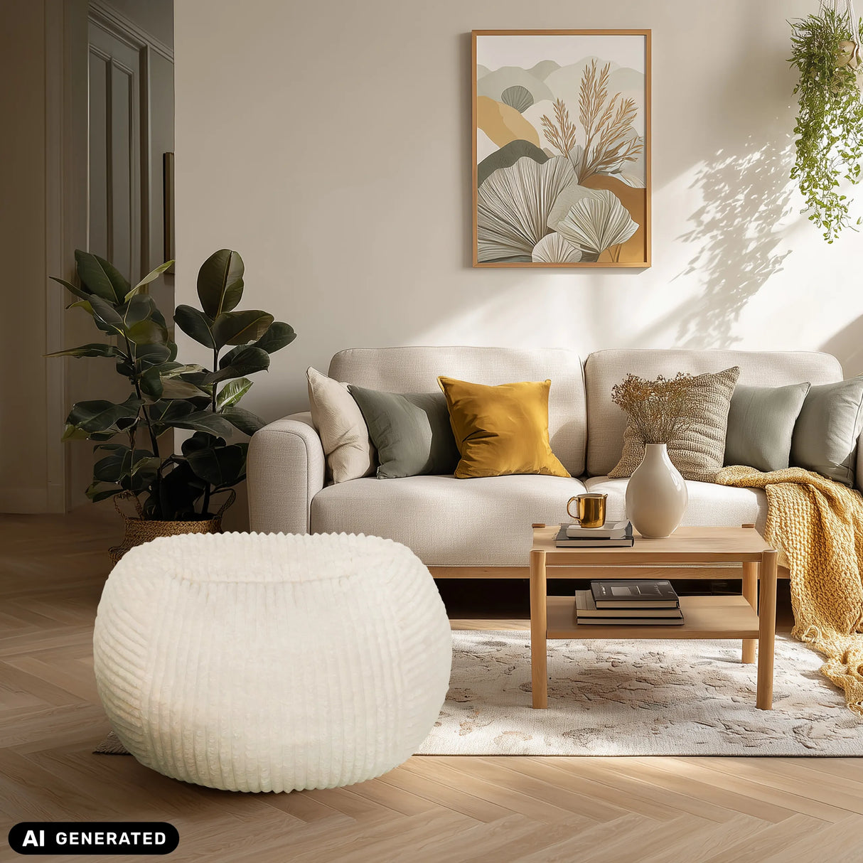 Beige Sitzolo R beanbag in a living room by hjh LIVING (AI-generated image)