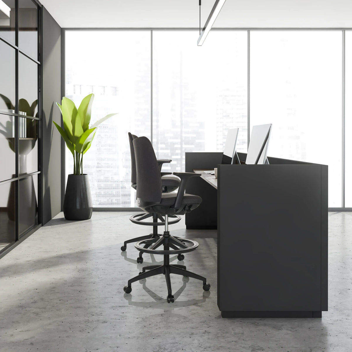 Two black Counter chairs NESTORA WORK with footrests and castors at a modern desk by hjh OFFICE