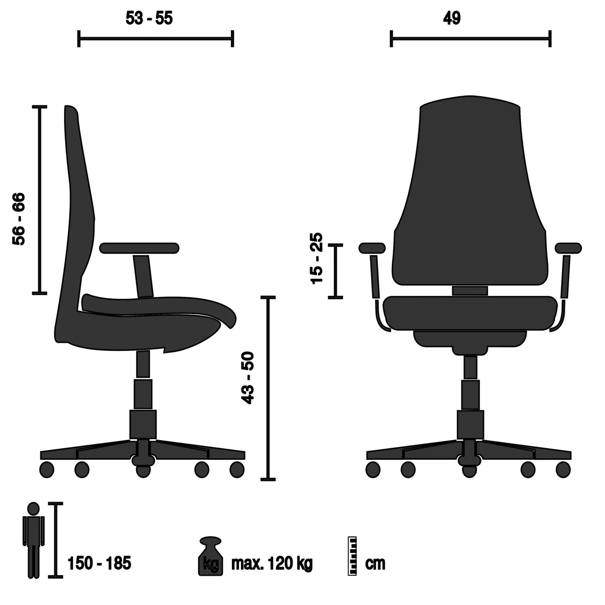 Technical drawing of the Professional Office Chair COLORE with a maximum load capacity of 120 kg by hjh OFFICE