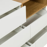 Open white drawers and an open oak-effect compartment of the Sideboard MELMO S by hjh LIVING