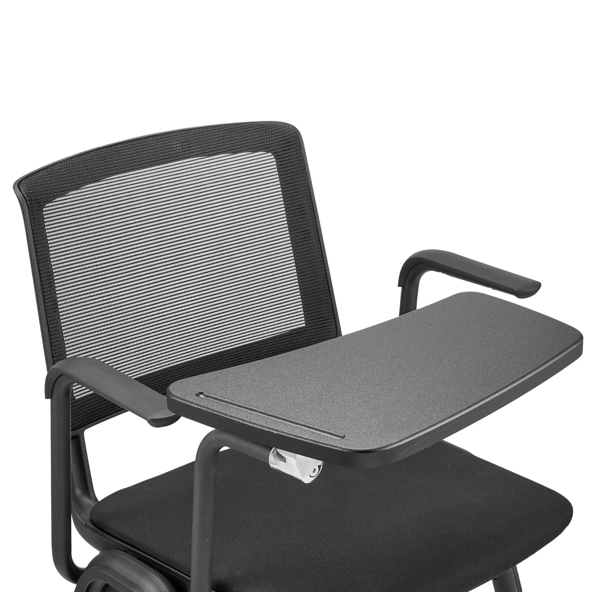 Writing tray of the MEET WA clipboard in black on an armrest with a mesh backrest by hjh OFFICE