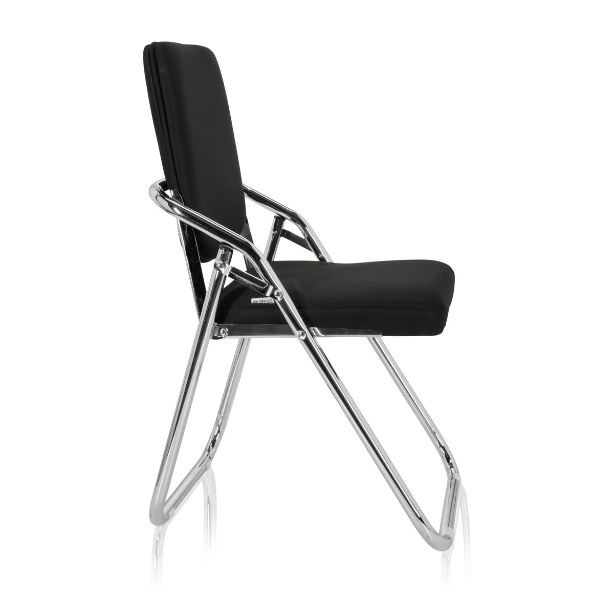 Black Folding chair ESTO with fabric cover and chrome frame by hjh OFFICE – 360-degree view (side profile 80°)