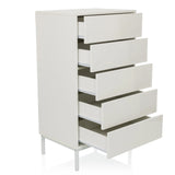 Weiße Kommode BJORDAL mit fünf leicht ausgezogenen Schubladen auf vier schmalen Metallfüßen von hjh LIVING