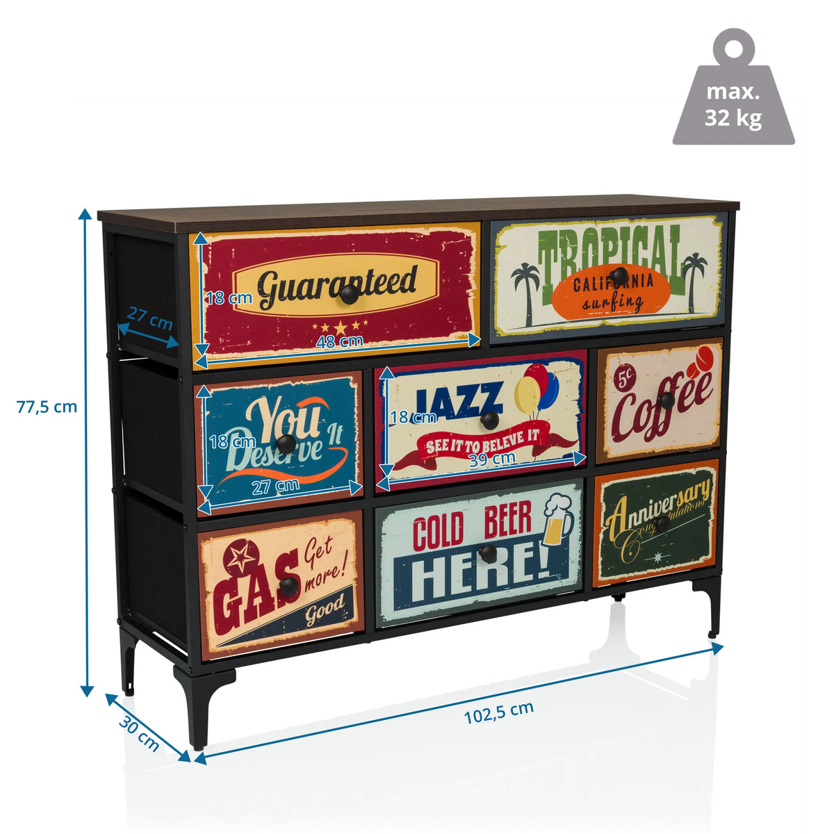 Dimensional view of the Chest of drawers AMERIKO B with 102.5 × 77.5 cm and six motif drawers by hjh LIVING