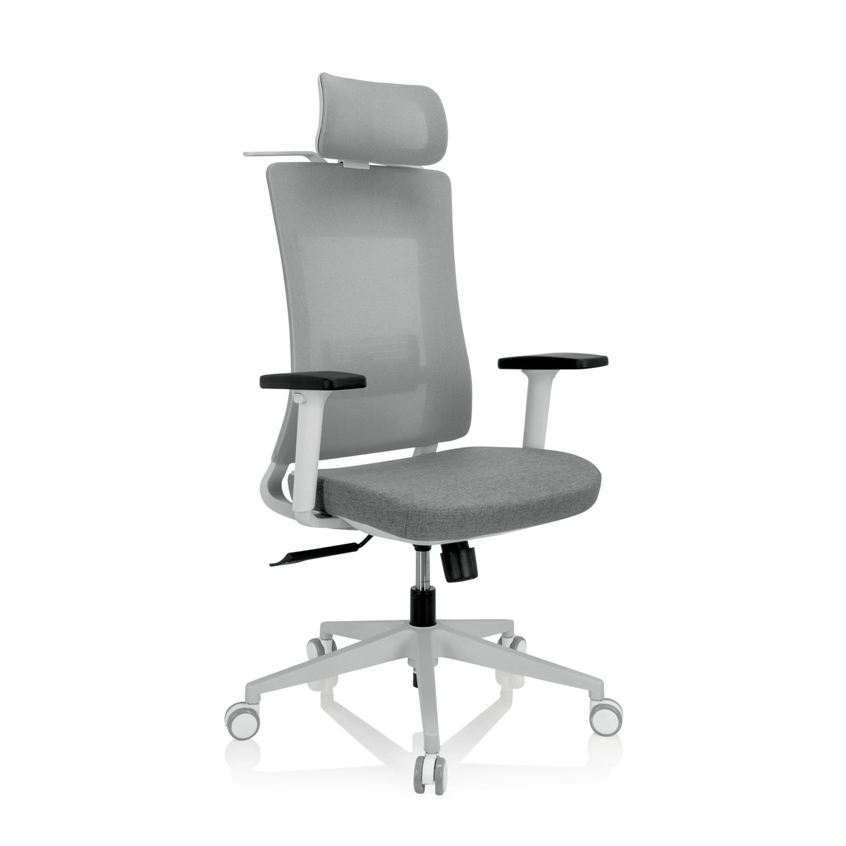 Grey Professional Office Chair COMFIO WMH with mesh back, headrest and five-caster base by hjh OFFICE – 360-degree view (front three-quarter view 40°)