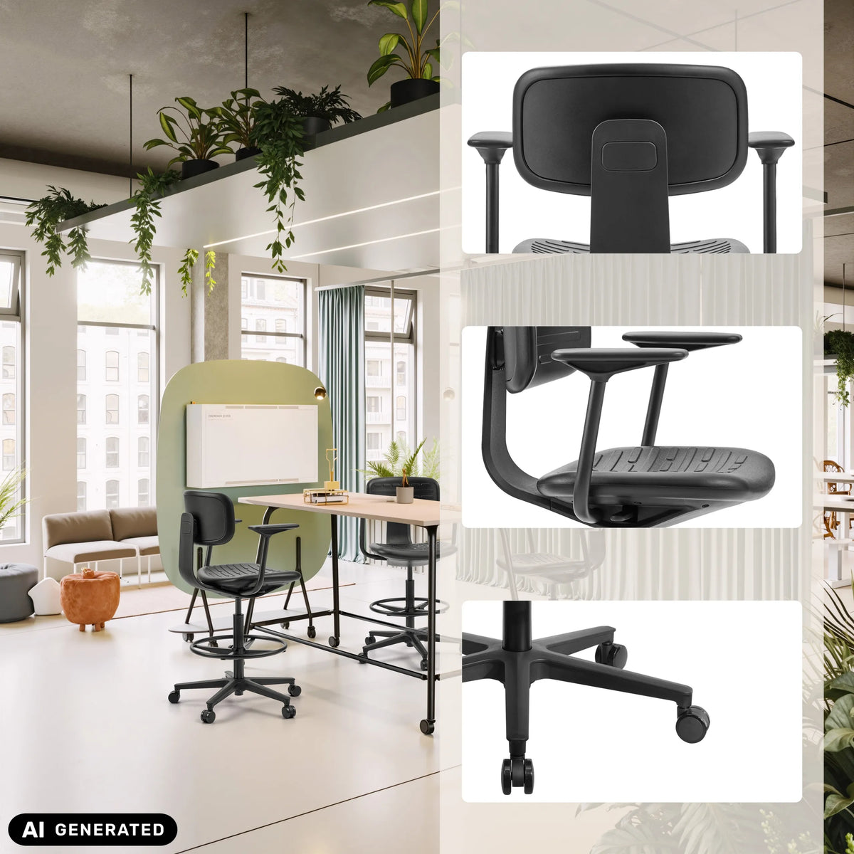 Counter chair TOP WORK B1 in black with detailed views of the backrest and foot cross by hjh OFFICE (AI-generated image)