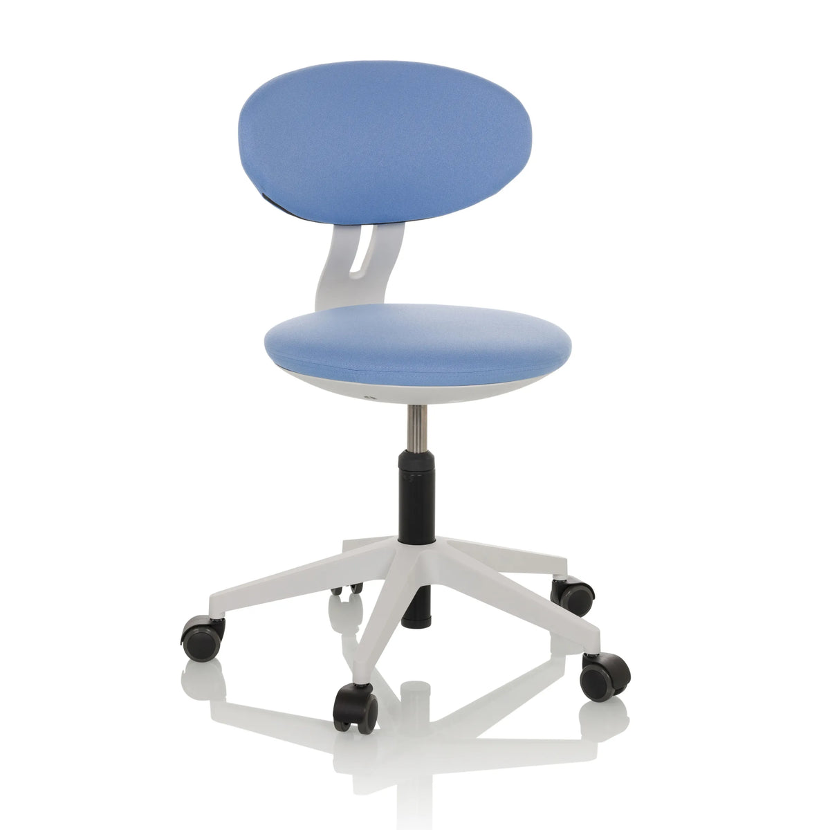 Blue Swivel Chair – Children MINIMOVO with white base and five castors by hjh OFFICE – 360-degree view (front view 15°)