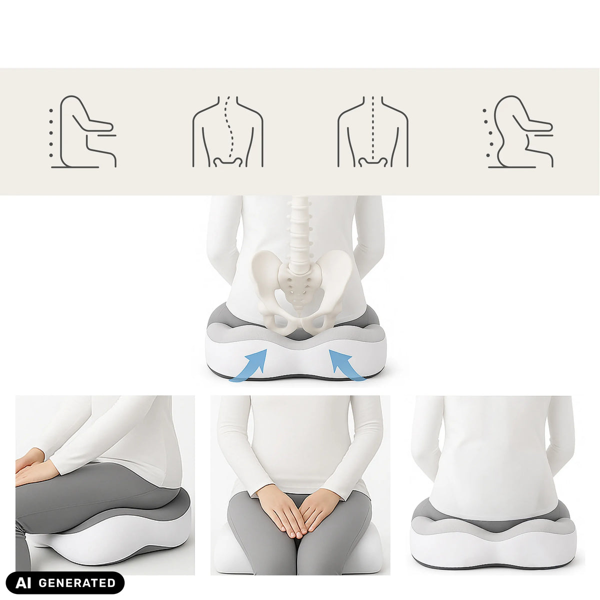Grey MEDISIT IV seat cushion shown in various views with a schematic rear view by hjh OFFICE (AI-generated image)