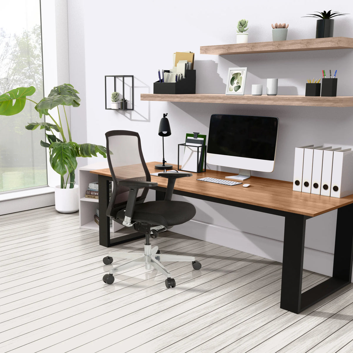 High End Office Chair FOUNTAINE in black at a desk in a bright room by hjh OFFICE