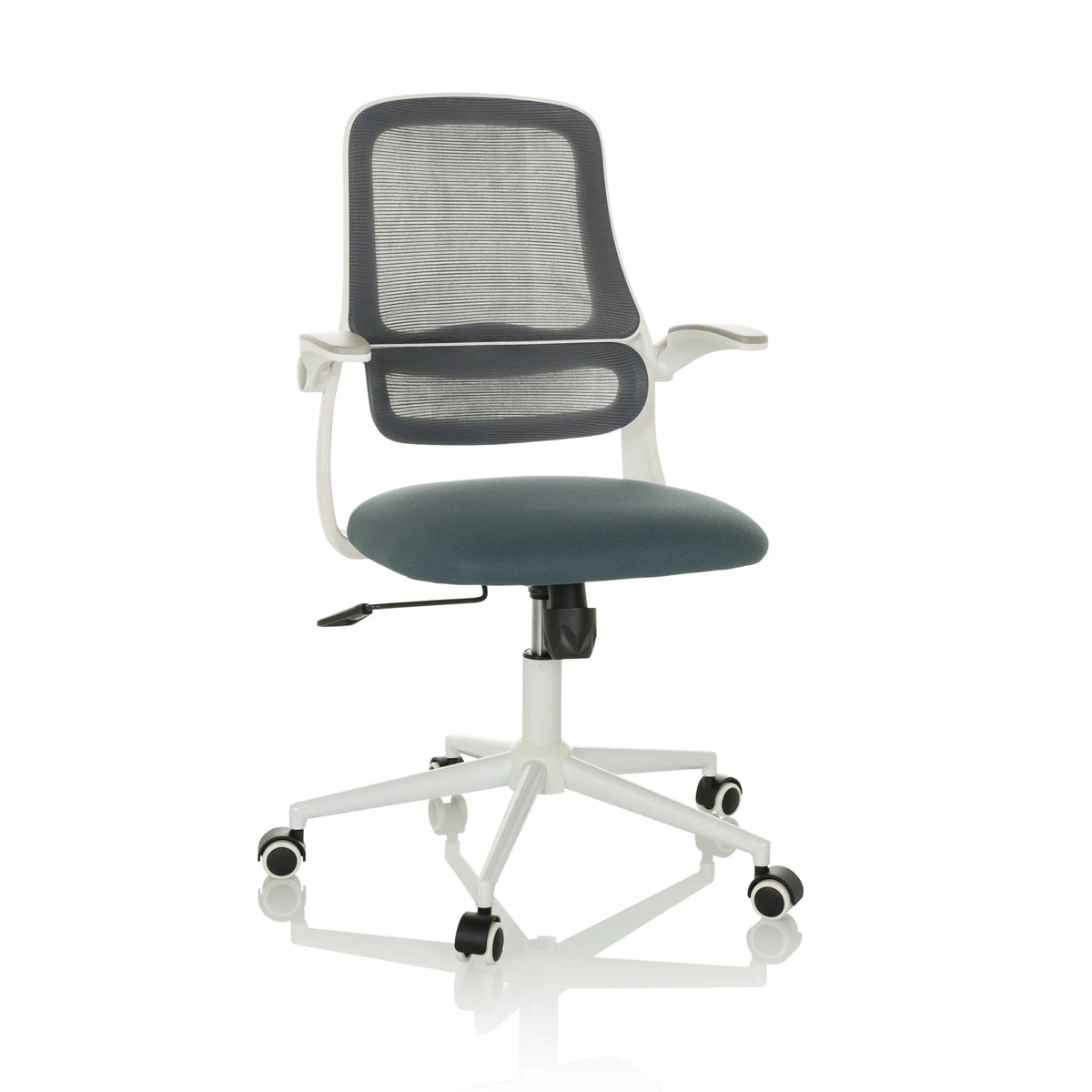 Grey Home Office Chair MIKO W ECO with mesh back and white five-caster base by hjh OFFICE – 360-degree view (front view 15°)