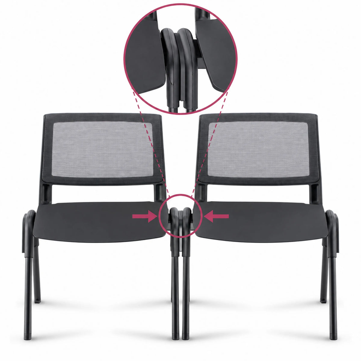 Several black MEET WA guest chairs with mesh backrests in a row by hjh OFFICE