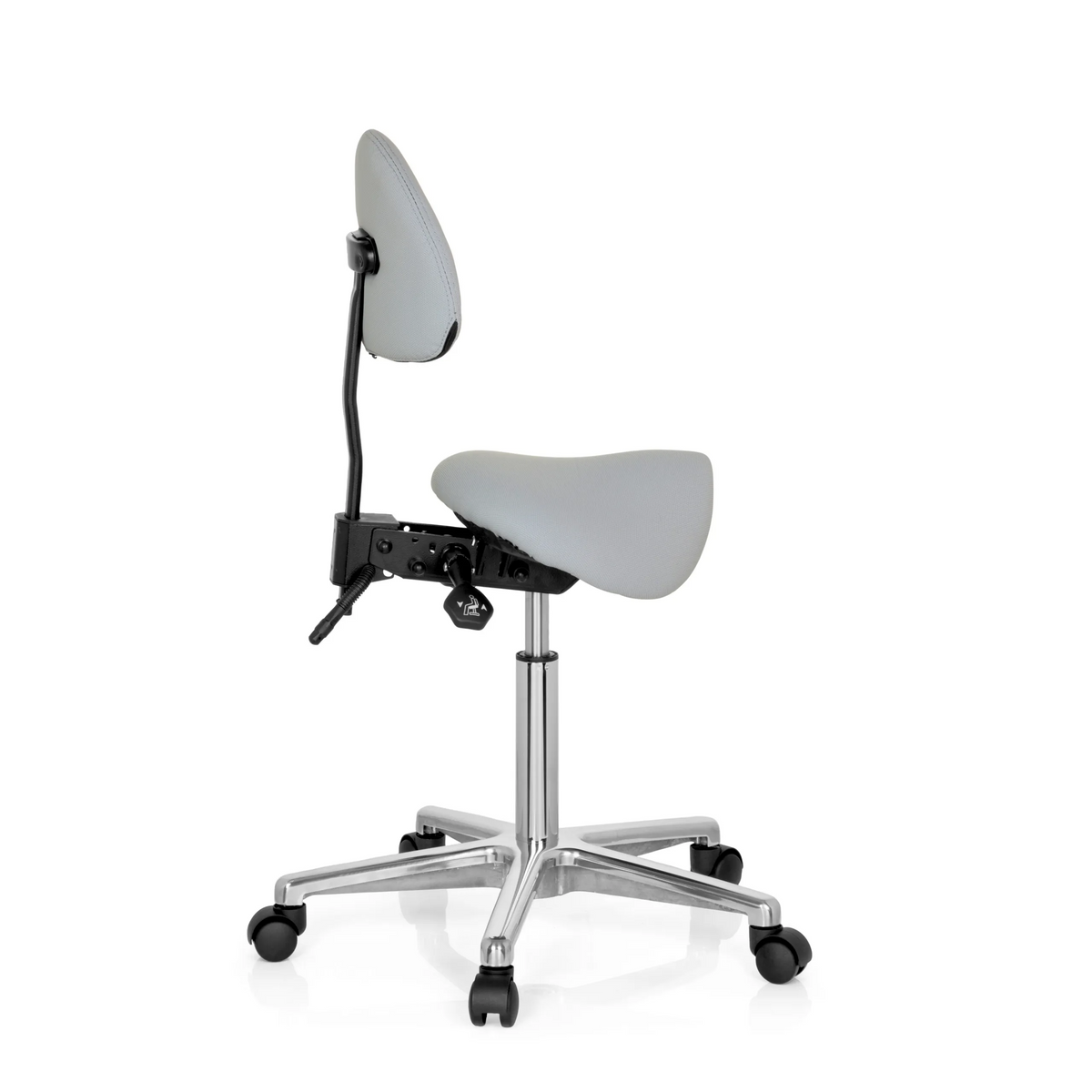 Grey Saddle stool TOP WORK 20 with backrest and five-caster base by hjh OFFICE – 360-degree view (side profile 100°)