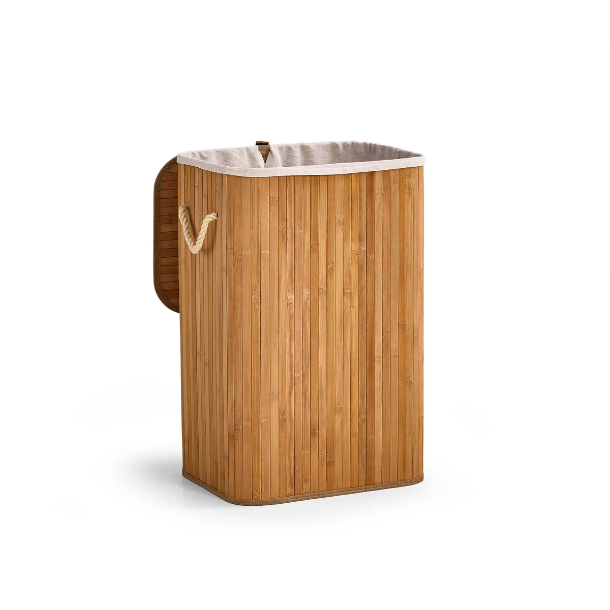 Falster 72 laundry basket made of brown bamboo with a light-coloured inner bag and rope handles by hjh LIVING