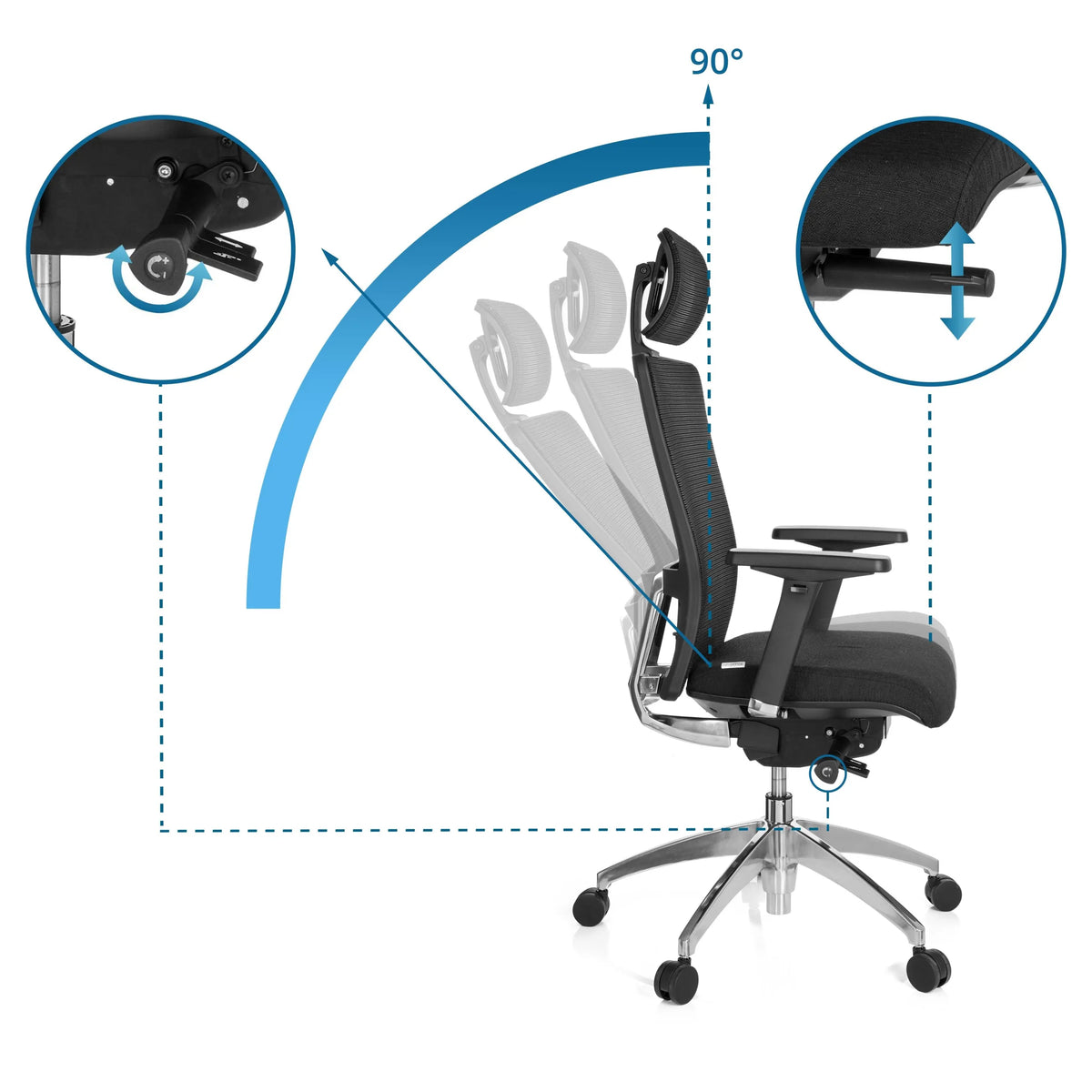Adjustable backrest with 90-degree angle and seat height adjustment of the Professional Office Chair ASTRA LUX by hjh OFFICE