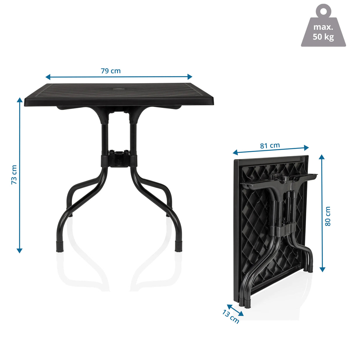 Dimensional drawing of the Folding table TRAVANO T1, 79 × 79 cm and 73 cm high by hjh LIVING