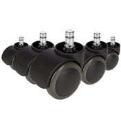 Fünf schwarze Stuhlrollen 5x ROLO 10mm/50mm für Hartböden mit silberfarbenen Bolzen von hjh OFFICE