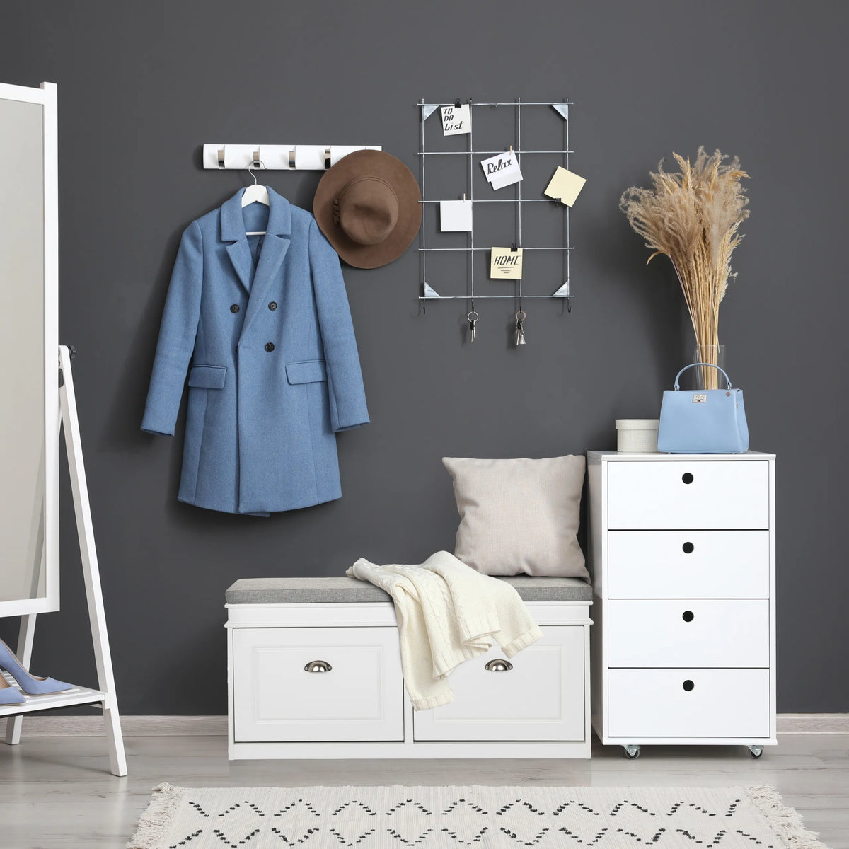 White Shoe Cabinet ESTHA I with grey seating area and four drawers by hjh LIVING
