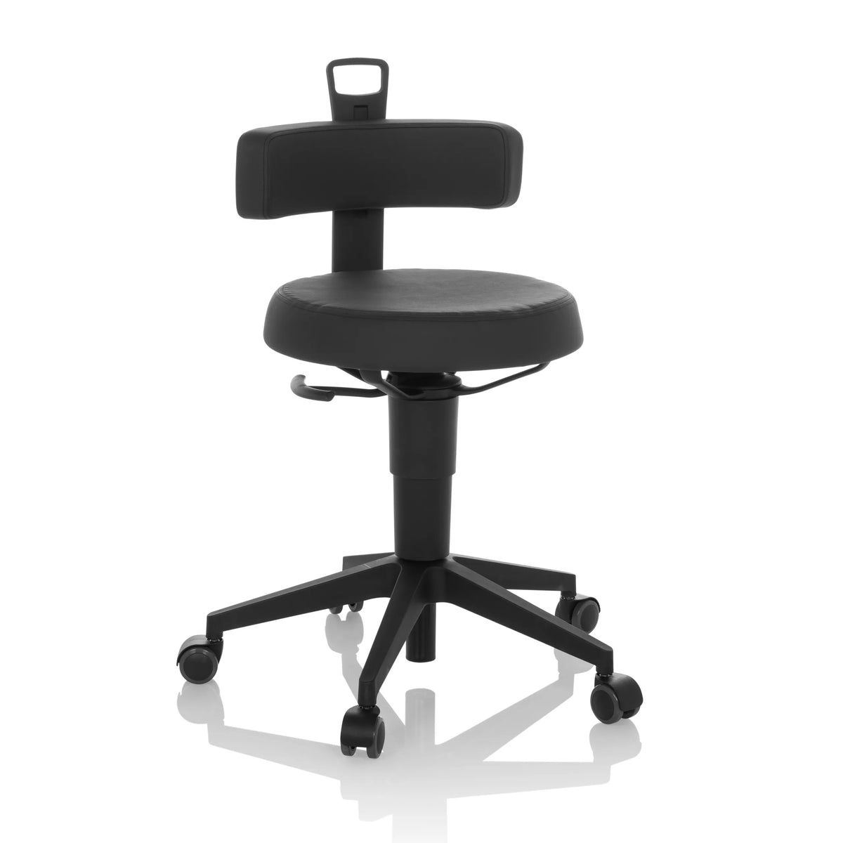 Black faux leather Swivel stool TOP WORK FLEX PU with backrest and five-caster base by hjh OFFICE – 360-degree view (front view 15°)