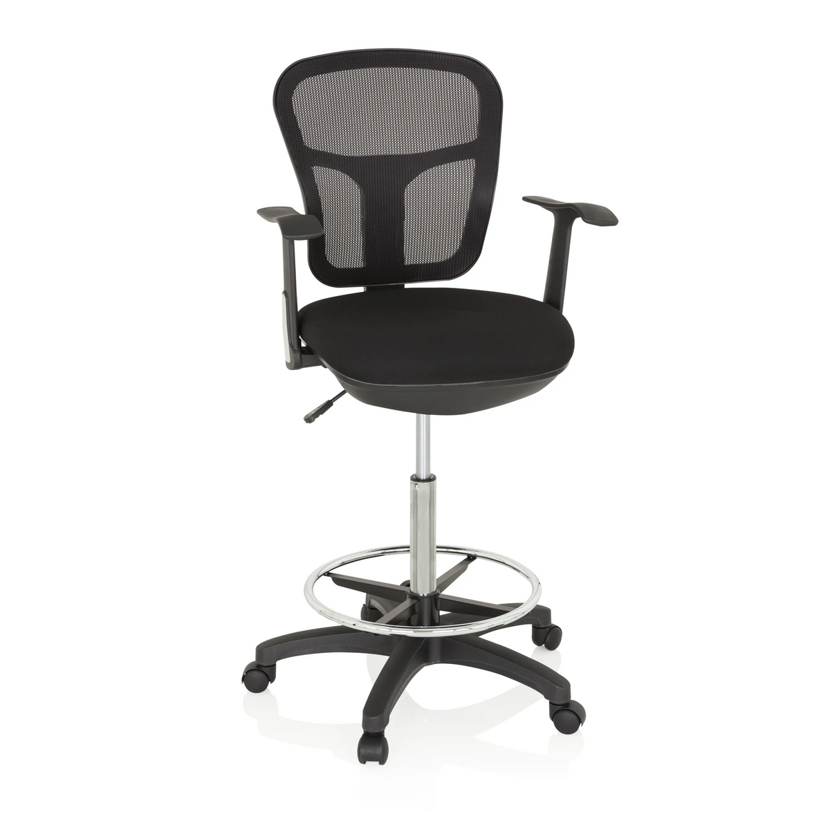 Black Counter chair TOP WORK 108 with mesh back, foot ring and five-caster base by hjh OFFICE – 360-degree view (front view 20°)