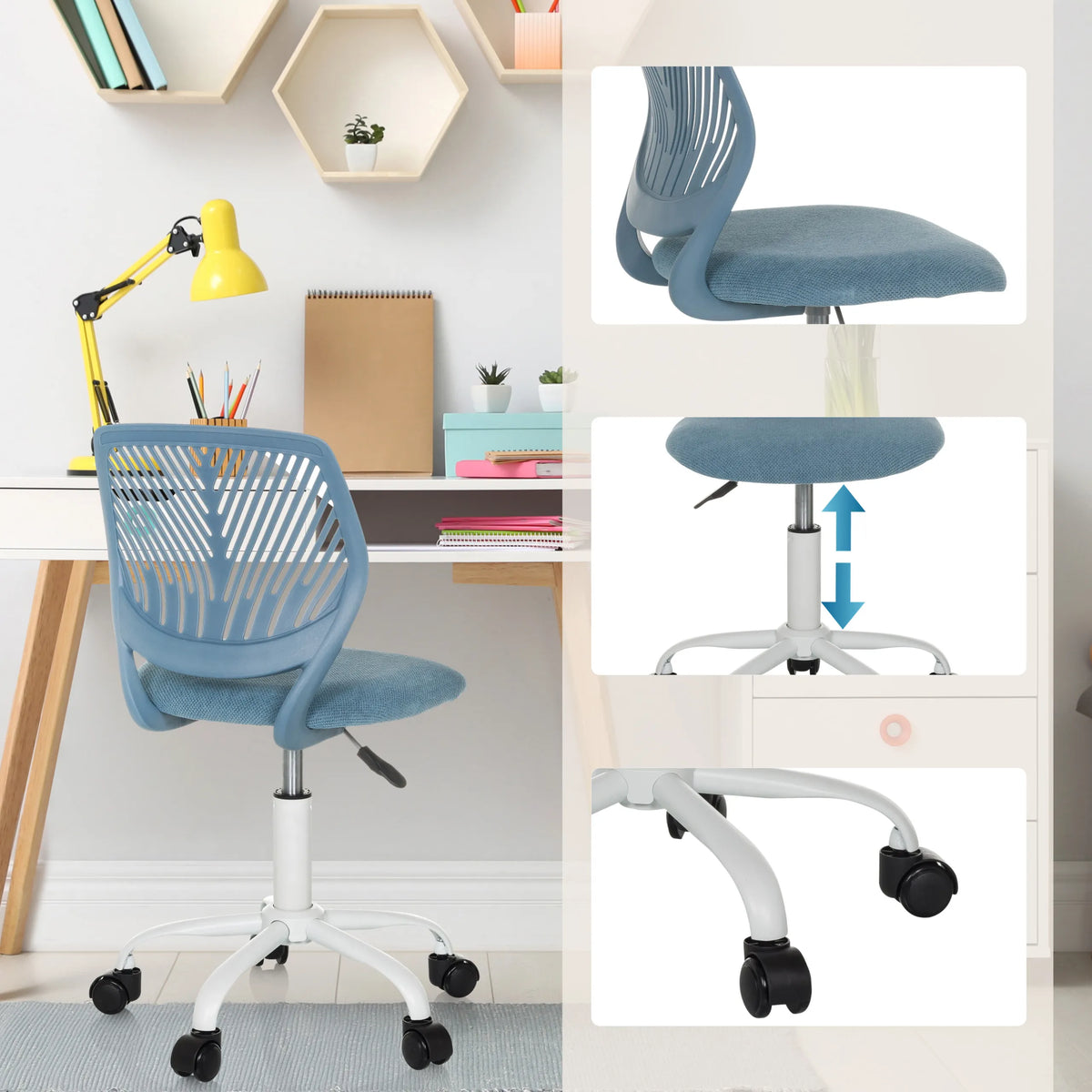 Blue children's swivel chair KID QW with gas lift for height adjustment and castors on the base by hjh OFFICE