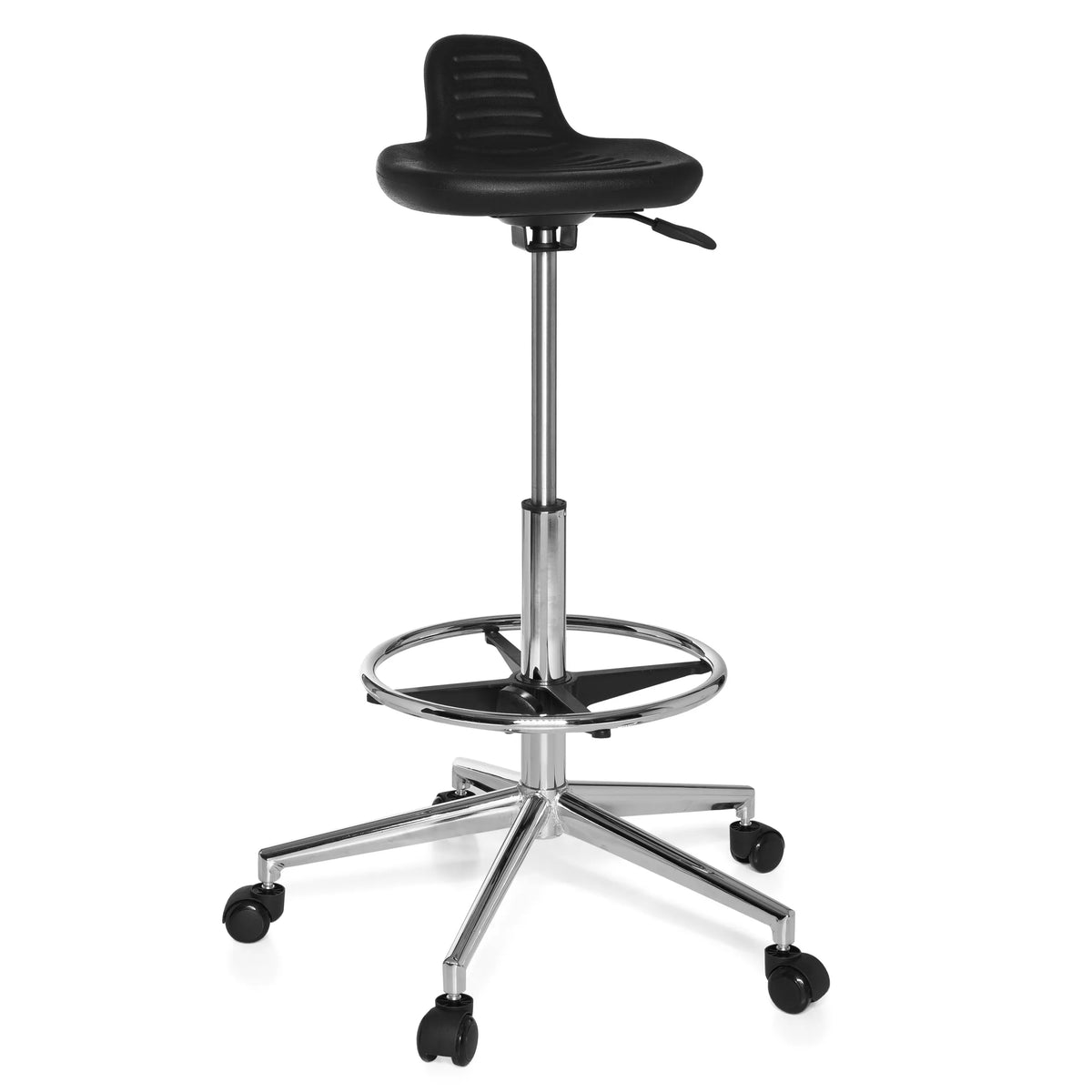 Black Swivel stool TOP WORK 03 with foot ring and five-caster base by hjh OFFICE – 360-degree view (front view 20°)
