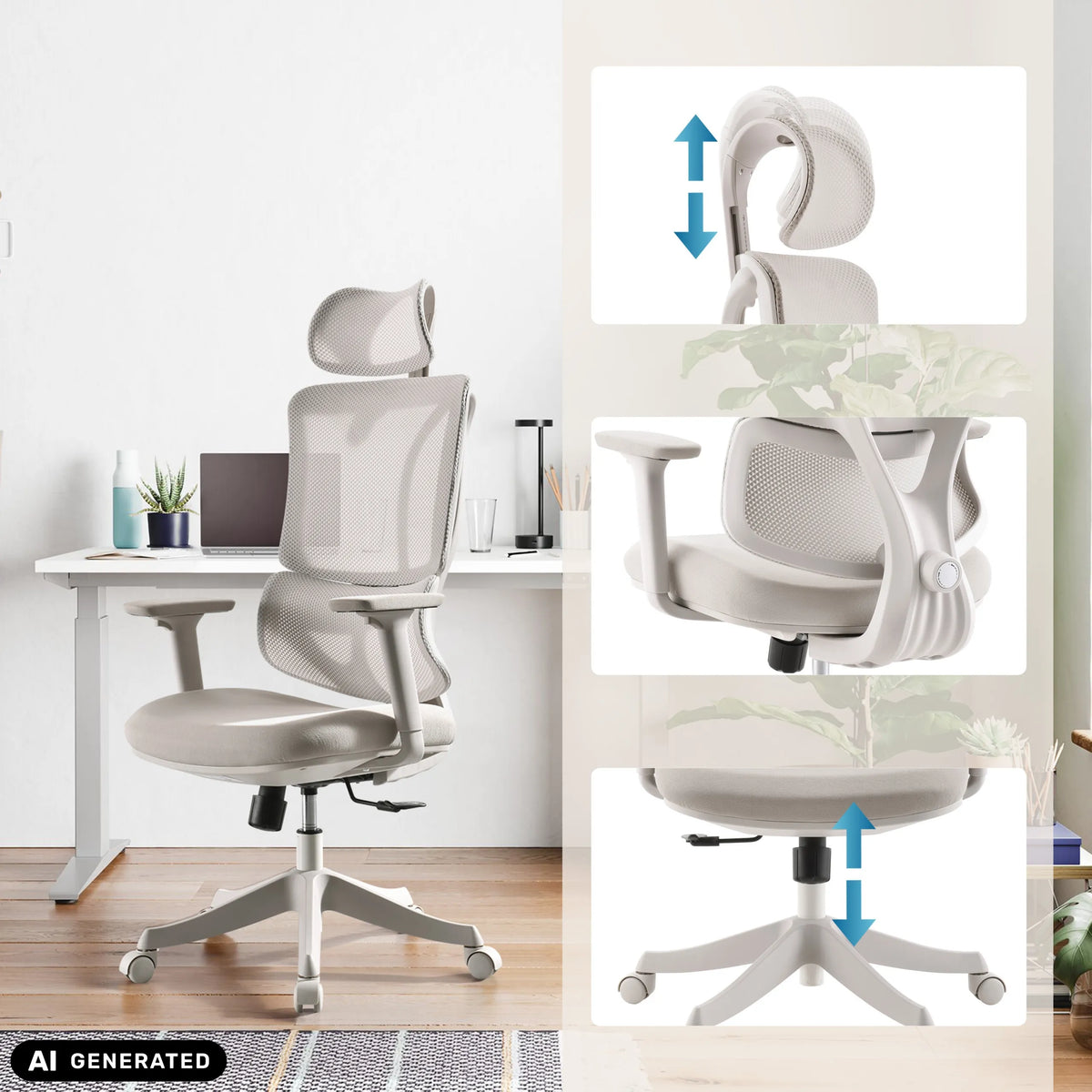 Adjustable headrest, armrests and seat height of the Ergomy Colore Home Office Chair by MyBuero (AI-generated image)