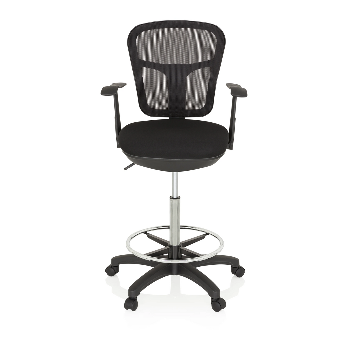 Black Counter chair TOP WORK 108 with mesh back, foot ring and five-caster base by hjh OFFICE – 360-degree view (front view 0°)