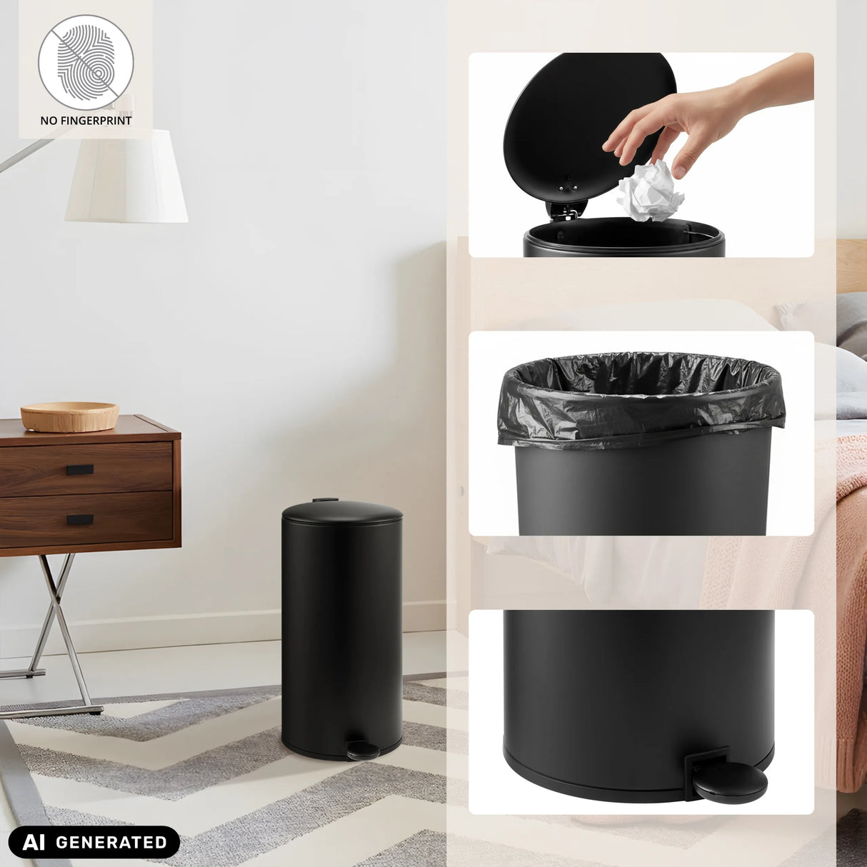 Black CLEAN STEP 2 wastepaper bin with lid, bin liner and foot pedal by hjh OFFICE (AI-generated image)