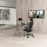 Black professional office chair NOVA made of leather at a desk in a modernly designed office by hjh OFFICE