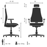 Technische Zeichnung des Profi-Bürostuhls CAPTIVO mit maximal 120 kg Belastbarkeit von hjh OFFICE