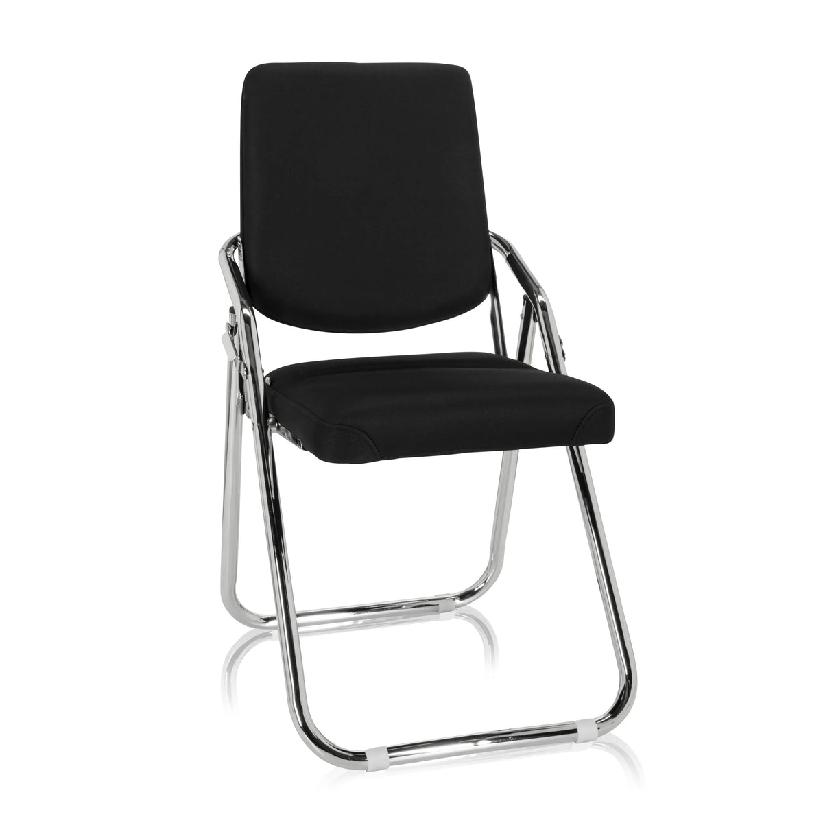 Black Folding chair ESTO with fabric cover and chrome frame by hjh OFFICE – 360-degree view (front view 20°)