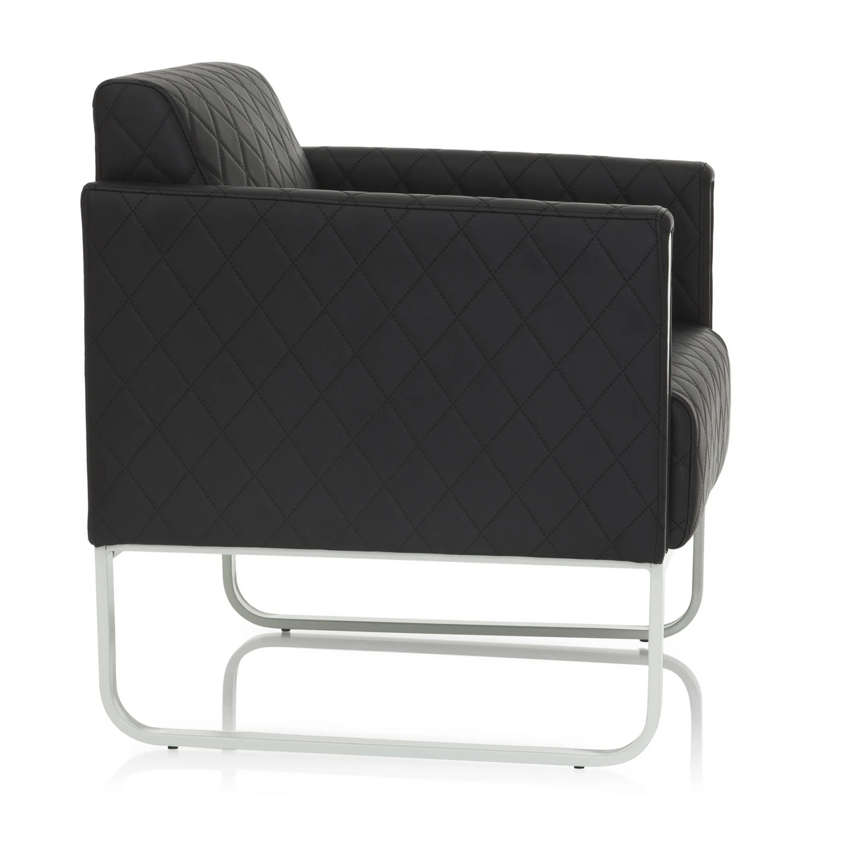 Black upholstered armchair ARUBA STEP with diamond stitching and silver-coloured frame by hjh OFFICE – 360-degree view (side profile 80°)