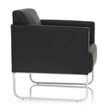 Black upholstered armchair ARUBA STEP with diamond stitching and silver-coloured frame by hjh OFFICE – 360-degree view (side profile 80°)