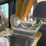 Grey and white folding container CLEAN SIL with dishes and cutlery on a worktop by hjh OFFICE