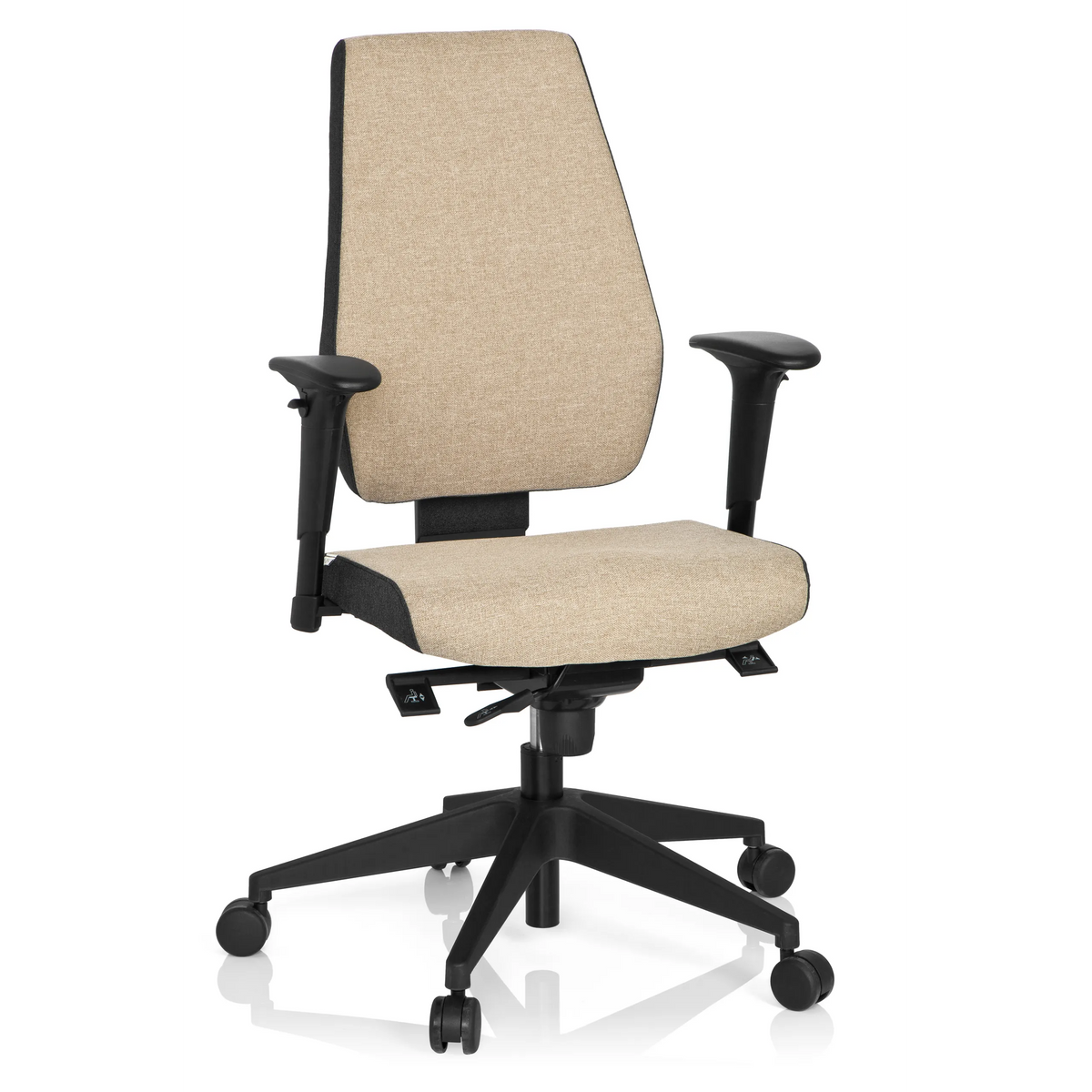 Beige Professional Office Chair PRO-TEC 500 with armrests and a black five-caster base by hjh OFFICE – 360-degree view (front view 20°)