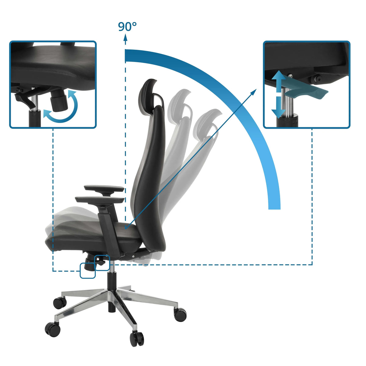 Adjustable backrest up to 90 degrees and seat mechanism of the Professional Executive Chair YUCANO I by hjh OFFICE