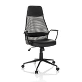 Black Home Office Executive Chair MARCOZ with mesh back and five-caster base by MyBuero – 360-degree view (front view 15°)