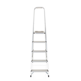 Silver aluminium Folding Ladder SOLID III with five steps and handle by hjh OFFICE – 360-degree view (front view 0°)