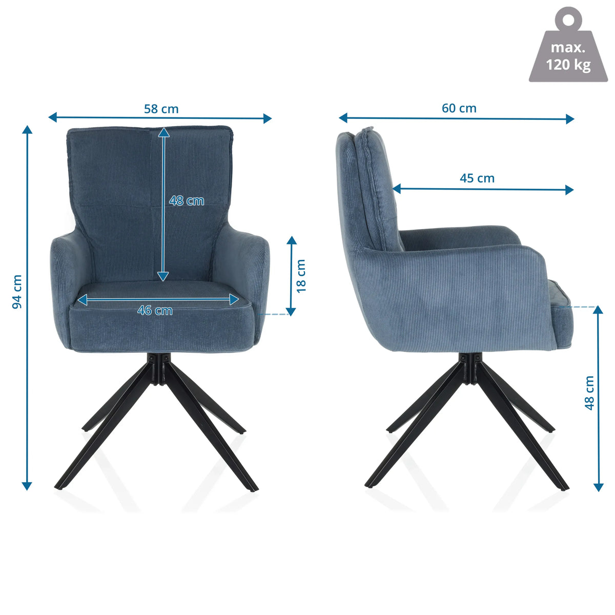 Dimensional drawing of the upholstered chair TARUGO with a total height of 94 cm and a width of 58 cm by hjh LIVING
