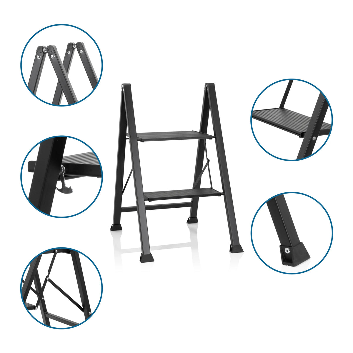 Black Folding Ladder SOLID W5 with two steps, non-slip feet and locking mechanism by hjh OFFICE