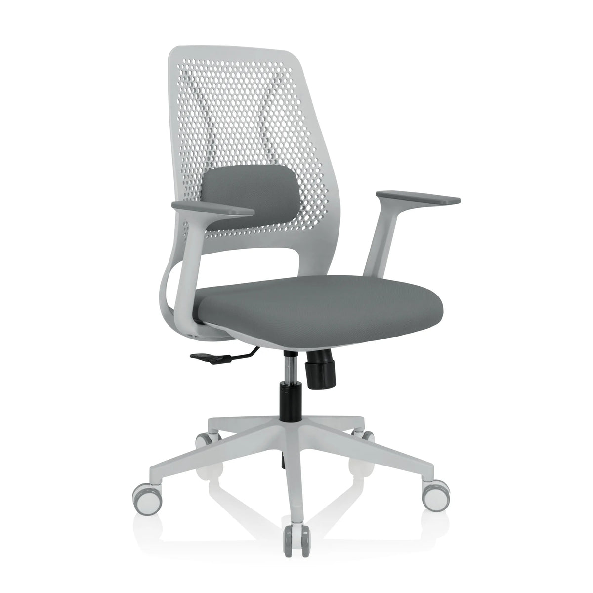 Grey Home Office Chair PARFERIO W with mesh back and five-caster base by hjh OFFICE – 360-degree view (front three-quarter view 40°)