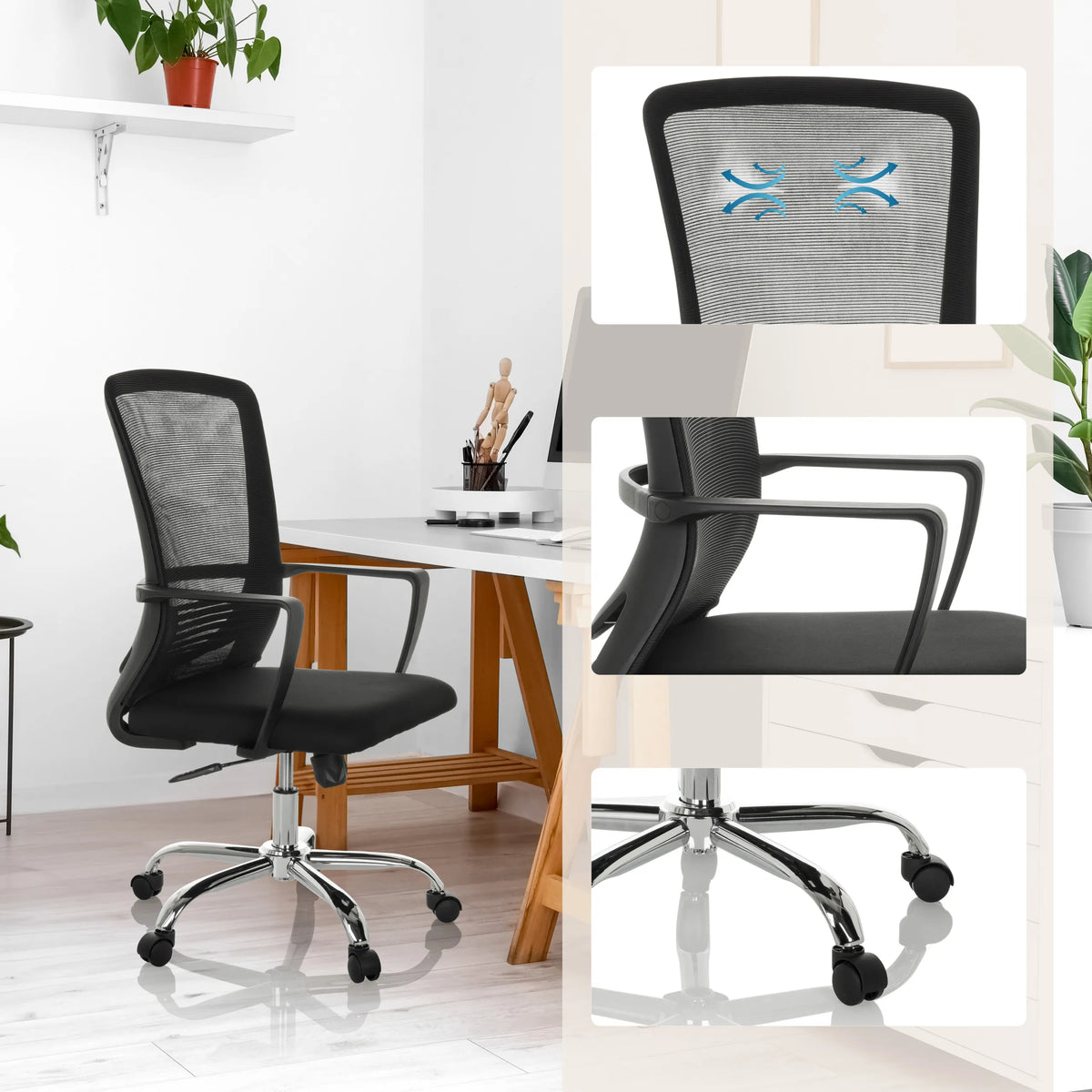 Home Office Chair STAR-TEC S in black with mesh back, armrests and star base by hjh OFFICE
