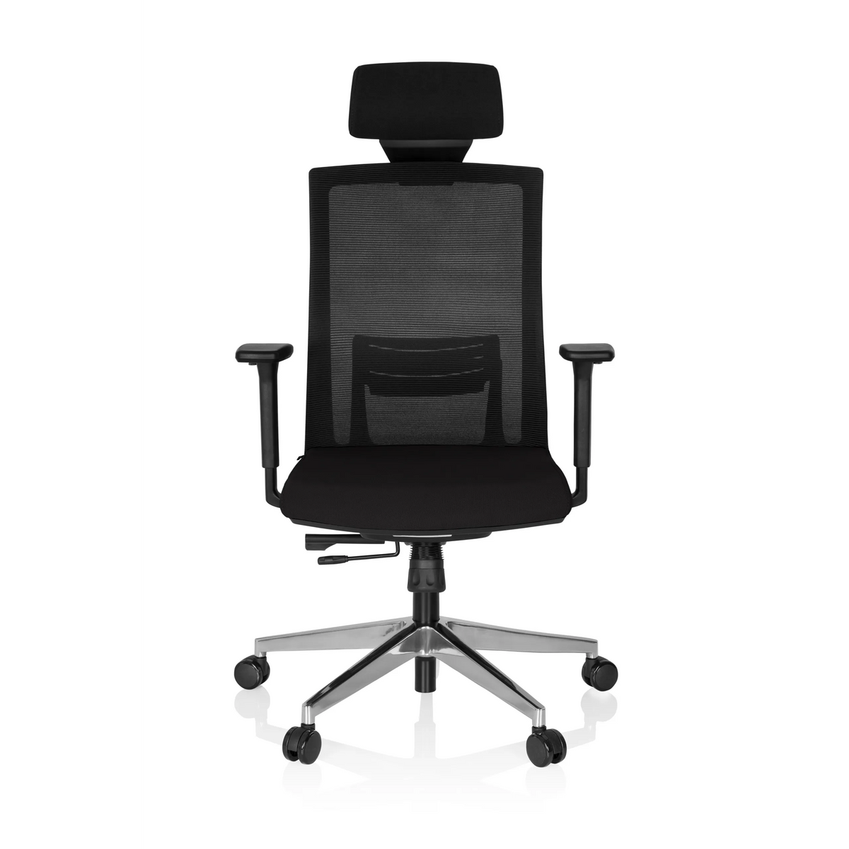 Black Professional Executive Chair CAPTIVA with mesh back, headrest and five-caster base by hjh OFFICE – 360-degree view (front view 0°)
