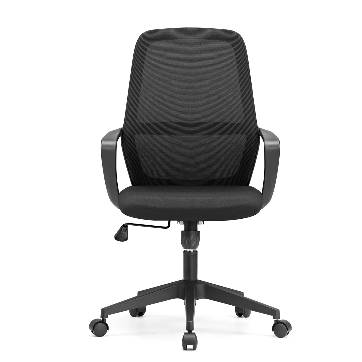 Black Home Office Chair Explorer with mesh back and five-caster base by MyBuero – 360-degree view (front view 0°)