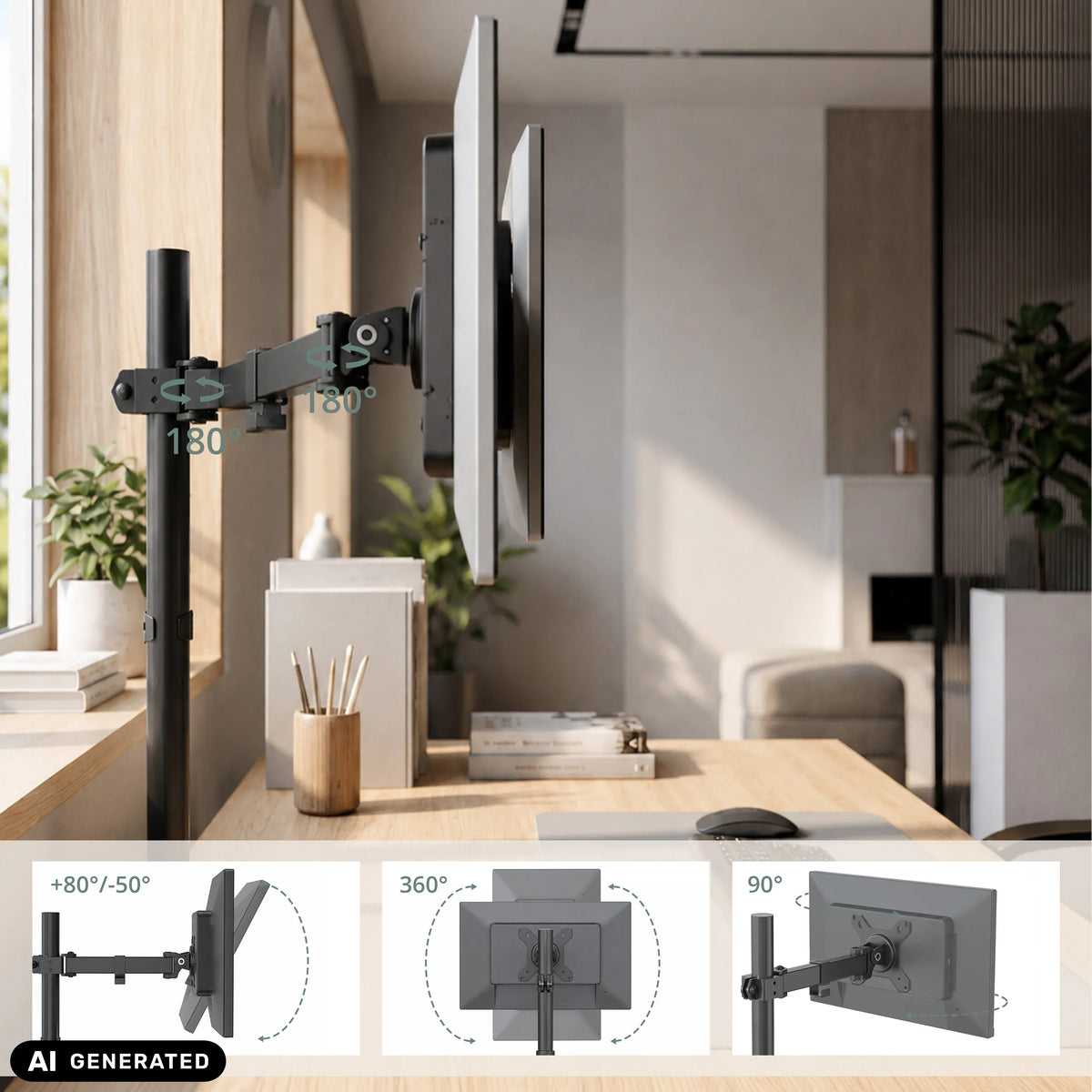Adjustable joints of the Ergomount M2 monitor mount with swivel angle specifications by hjh OFFICE (AI-generated image)