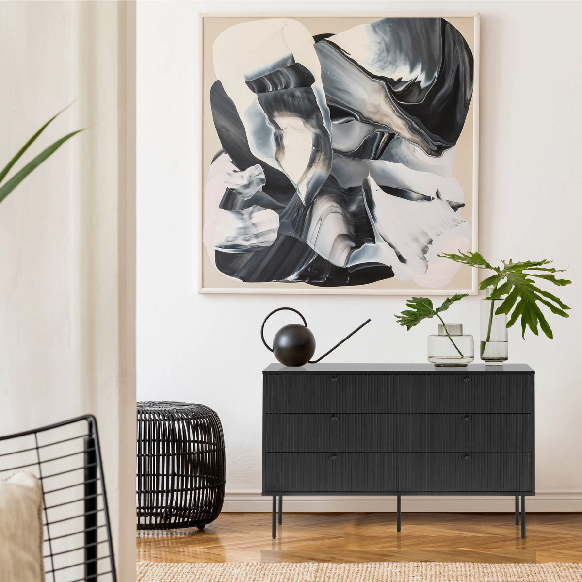 Black Sideboard KARBY S with three drawers and slim legs by hjh LIVING