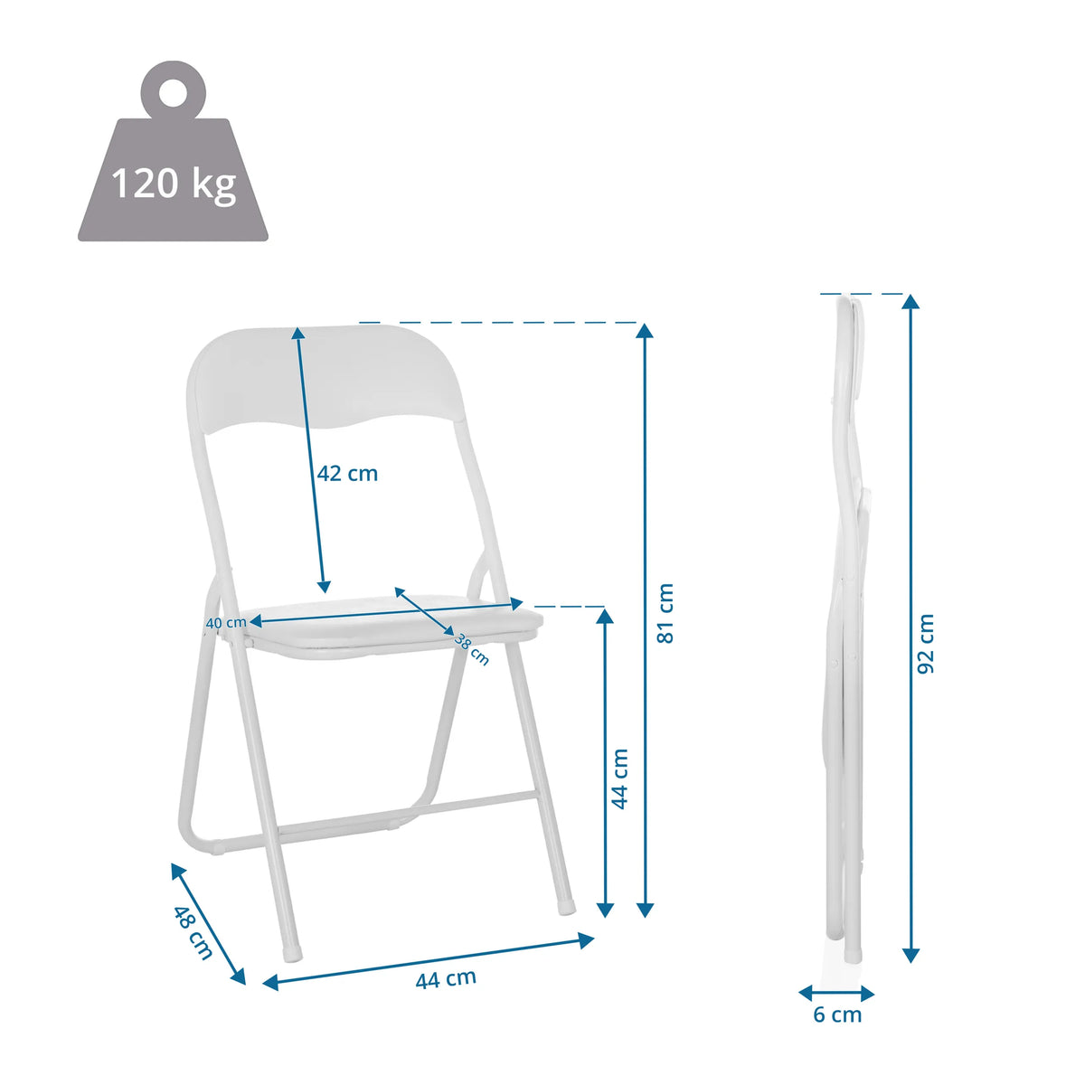Dimensional drawing of the Folding chair TUDELA BASIC with a total height of 92 cm and a load capacity of 120 kg by hjh OFFICE